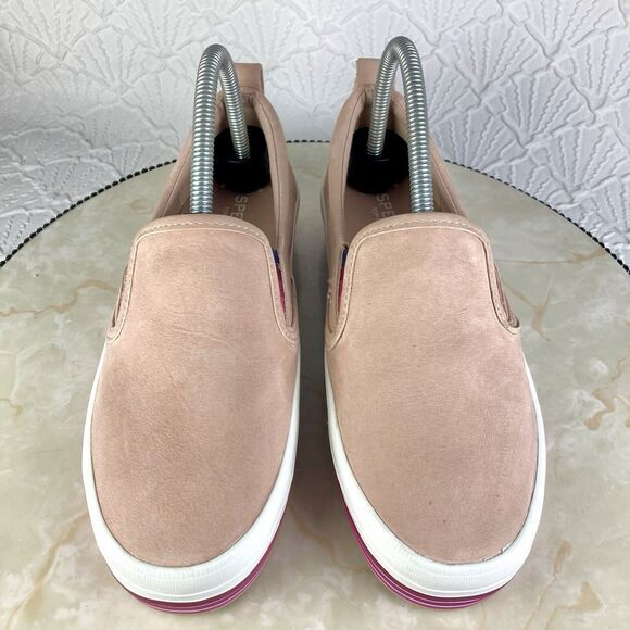 Sperry Shoes Womens 7 Pink Stripes Suede Crest Twin Gore Boat Platform Loafers - Picture 4 of 12